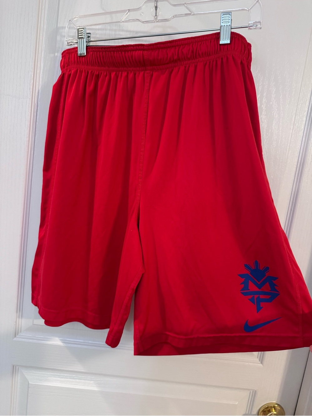 Nike Men’s Red Athletic Shorts with Blue Logo Manny Pacquiao